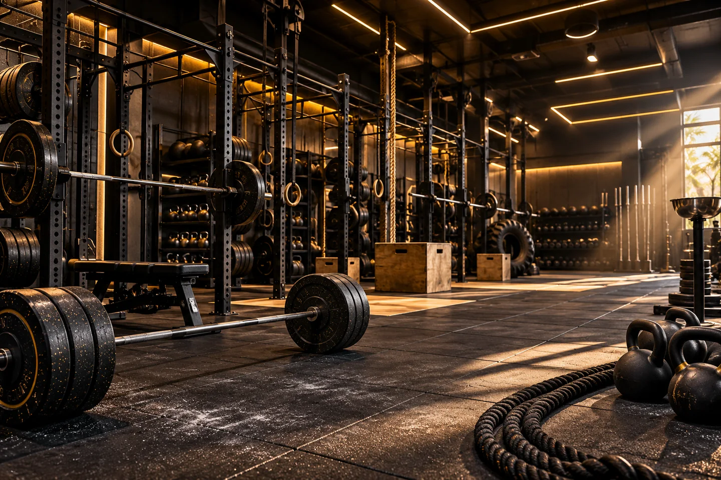 CrossFit zone with barbells, rigs, kettlebells and ropes