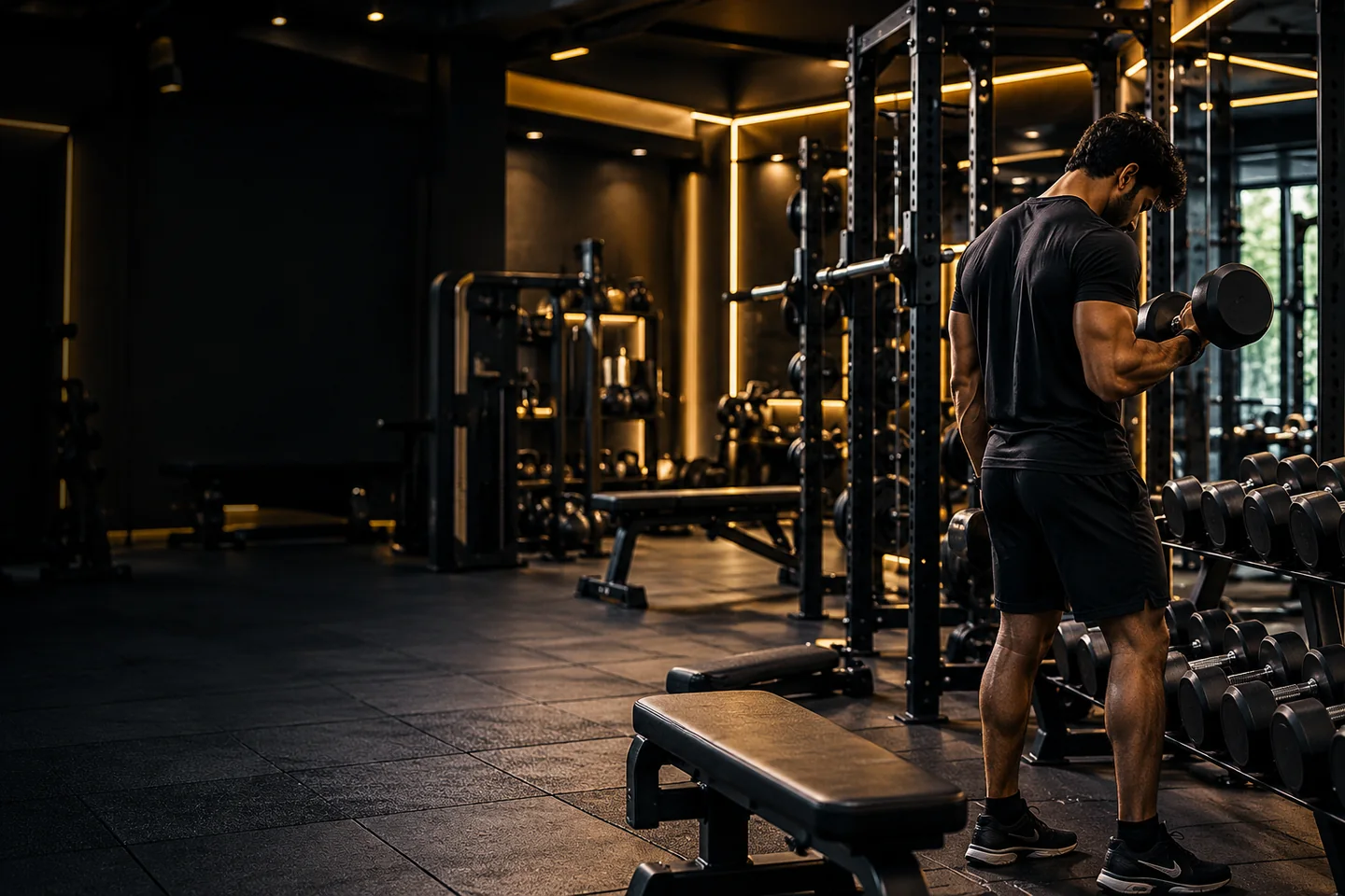 Dark premium gym interior with a member training with dumbbells